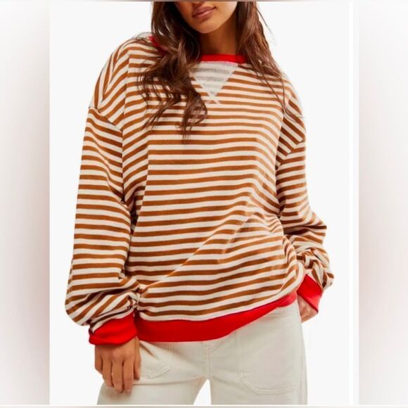 Free people Classic Striped Oversized Crewneck SOLD OUT COLOR Coffee Combo. - Picture 1 of 8